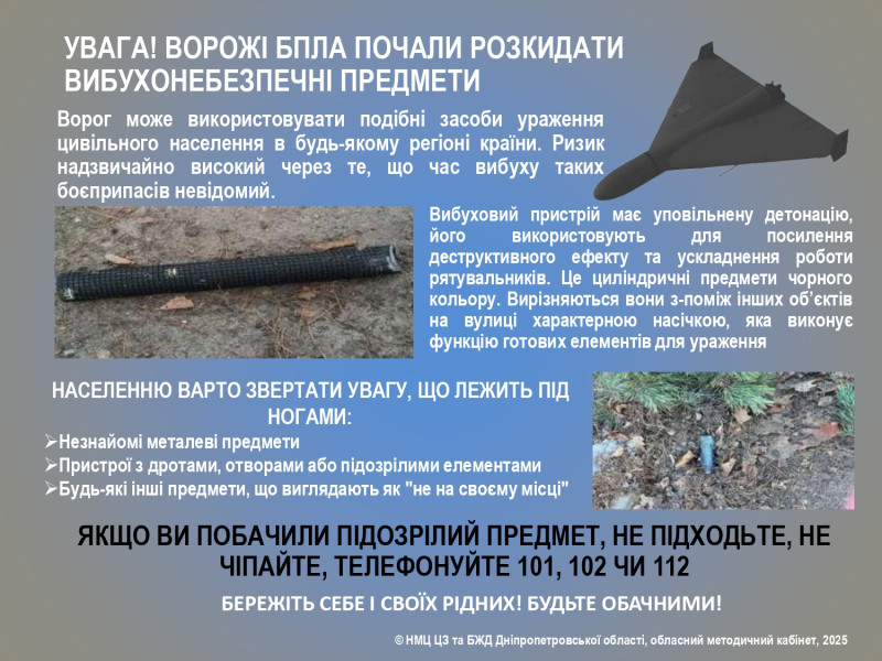 На картинці  - зображення БПЛА, невідомих предметів на землі. Текст: "Увага! Ворожі БПЛА почали розкидати вибухонебезпечні предмети. Ворог може використовувати подібні засоби ураження цивільного населення в будь-якому регіоні країни. Ризик надзвичайно високий через те, що час вибуху таких боєприпасів невідомий.  Вибуховий пристрій має уповільнену детонацію, його використовують для посилення деструктивного ефекту та ускладнення роботи рятувальників. Це циліндричні предмети чорного кольору. Вирізняються вони з-поміж інших об&rsquo;єктів на вулиці характерною насічкою, яка виконує функцію готових елементів для ураження. Населенню варто звертати увагу, що лежить під ногами: незнайомі металеві предмети , Пристрої з дротами, отворами або підозрілими елементами,  Будь-які інші предмети, що виглядають як "не на своєму місці"  Якщо ви побачили підозрілий предмет, не підходьте, не чіпайте, телефонуйте 101, 102 чи 112. Бережіть себе і своїх рідних! Будьте обачливими. НМЦ ЦЗ та БЖД Дніпропетровської області, обласний методичний кабінет, 2025 "