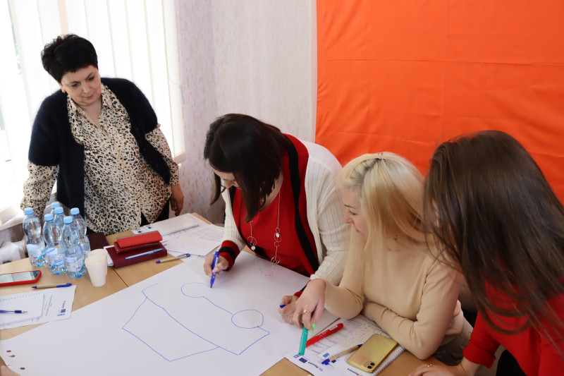 За столом сидять учасниці тренінгу, одна  - стоїть. Одна з учасниць малює машину. Інші - спостерігають.           