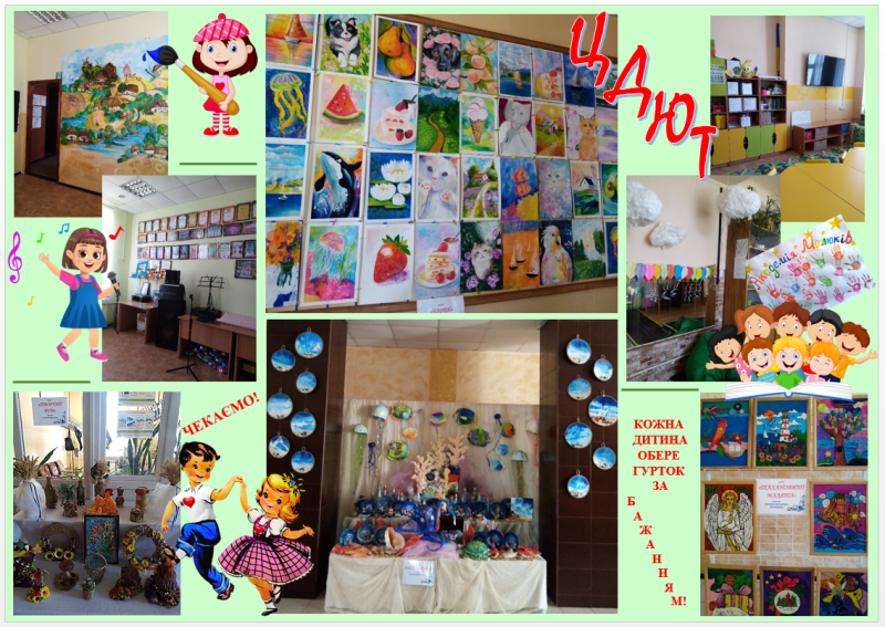 Колаж із фото різних локацій в центрі дитячої та юнацької творчості. Написи на загальному зображенні: "ЦДЮТ", "Чекаємо!", "Кожна дитина обере гутрок за бажанням!" 