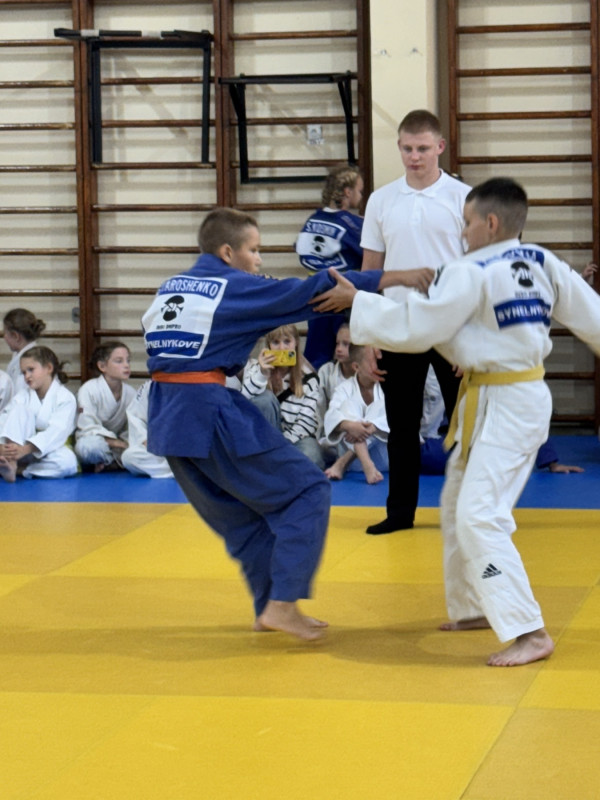 Два хлопці у поєдинку. Поряд - суддя. На задньому плані на татамі в кімоно сидять діти. 