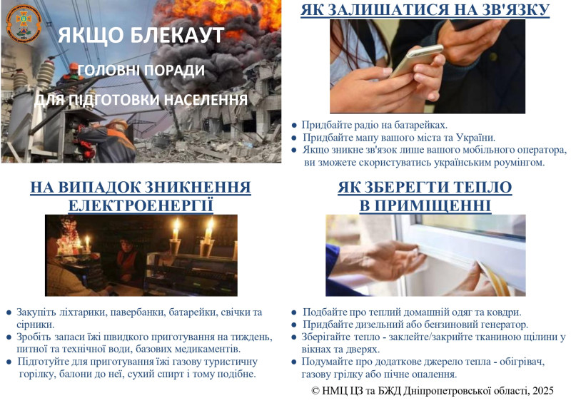 Три блока з інформаціями і тематичними картинками: як залишитися на зв'язку, на випадок зникнення електроенергії, як зберегти тепло в приміщенні.
